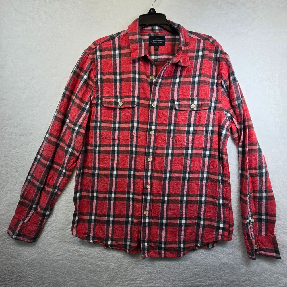 Lucky Brand Mens Red Plaid Button Flannel Shirt Large Western Durable Work Chore